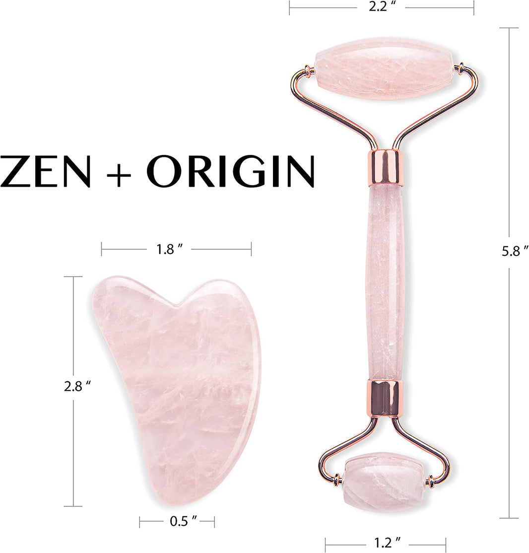 Rose Quartz Roller and Gua Sha Set, 100% Natural Rose Quartz Stone Face Roller, Anti-Wrinkle Anti-Aging Skin Care Tool, Facial Roller, Face Massager for Skin Firming and Stress Relief, Rose Gold