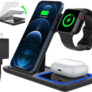 Wireless Charger, 18W Fast Iphone Charging Station for Iphone 16/15/14/13/12 /11/Pro Max/Plus, 3 in 1 Wireless Charging Stand for Iwatch Series SE 10/9/8/7/6/5/4/3, Airpods Pro/3/2 (W/ QC3.0 Adapter)