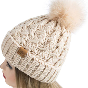 Womens Winter Ribbed Beanie Crossed Cap Chunky Cable Knit Pompom Soft Warm Hat